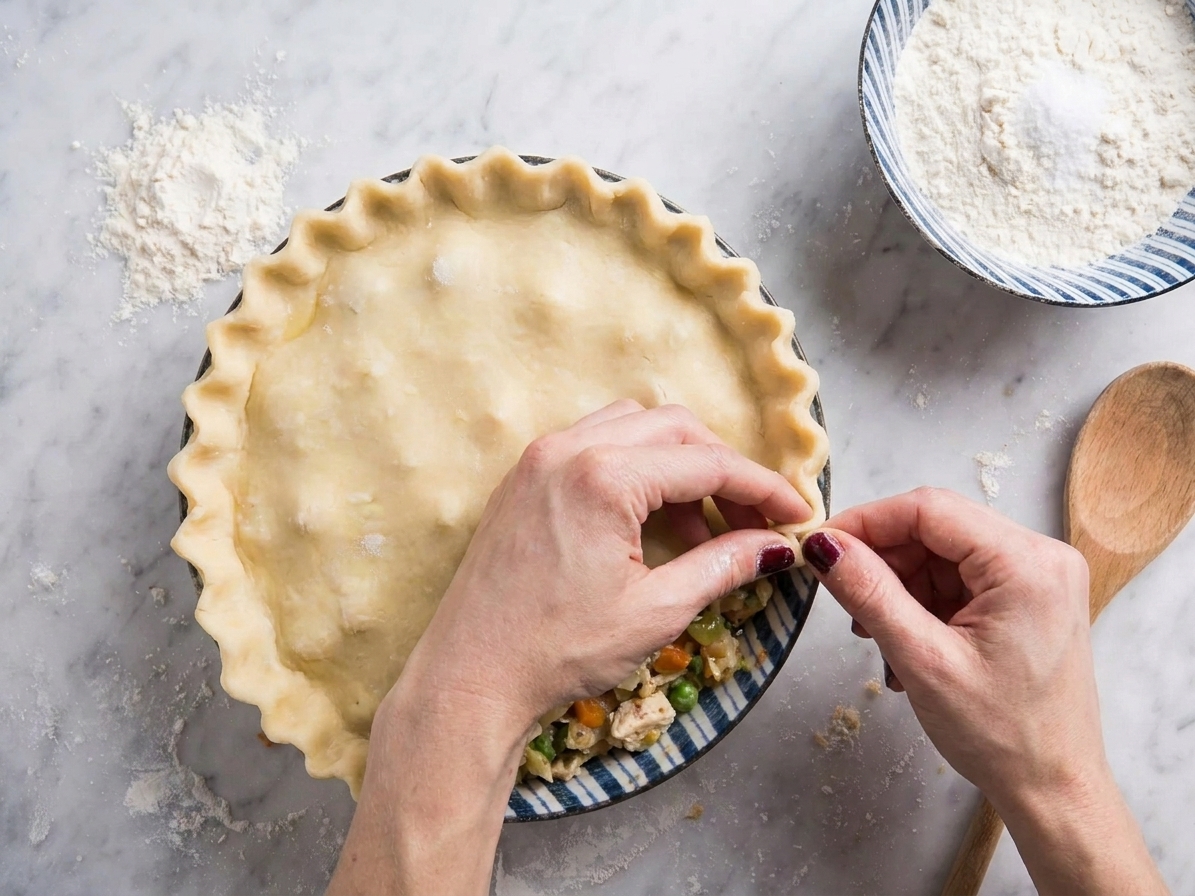Hands crimping the edge of a pot pie crust over a ceramic baking dish on a kitchen counter