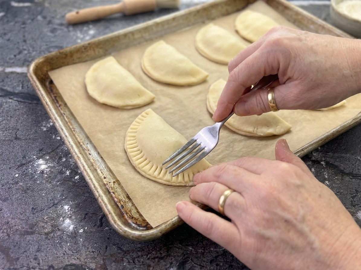 Hands crimping the edge of an empanada with a fork on a parchment lined baking sheet
