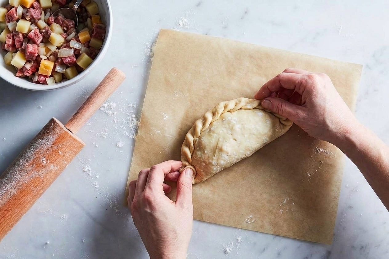 Hands crimping the edge of an unbaked Cornish pasty on parchment paper on a kitchen counter