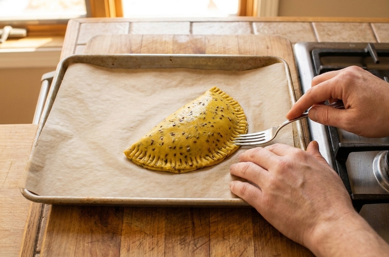 Hands crimping the edge of an unbaked Jamaican beef patty with a fork on a parchment-lined baking sheet