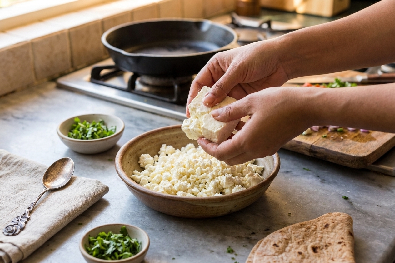 Hands crumbling paneer into a ceramic bowl on a kitchen counter, with small uneven curds ready for cooking