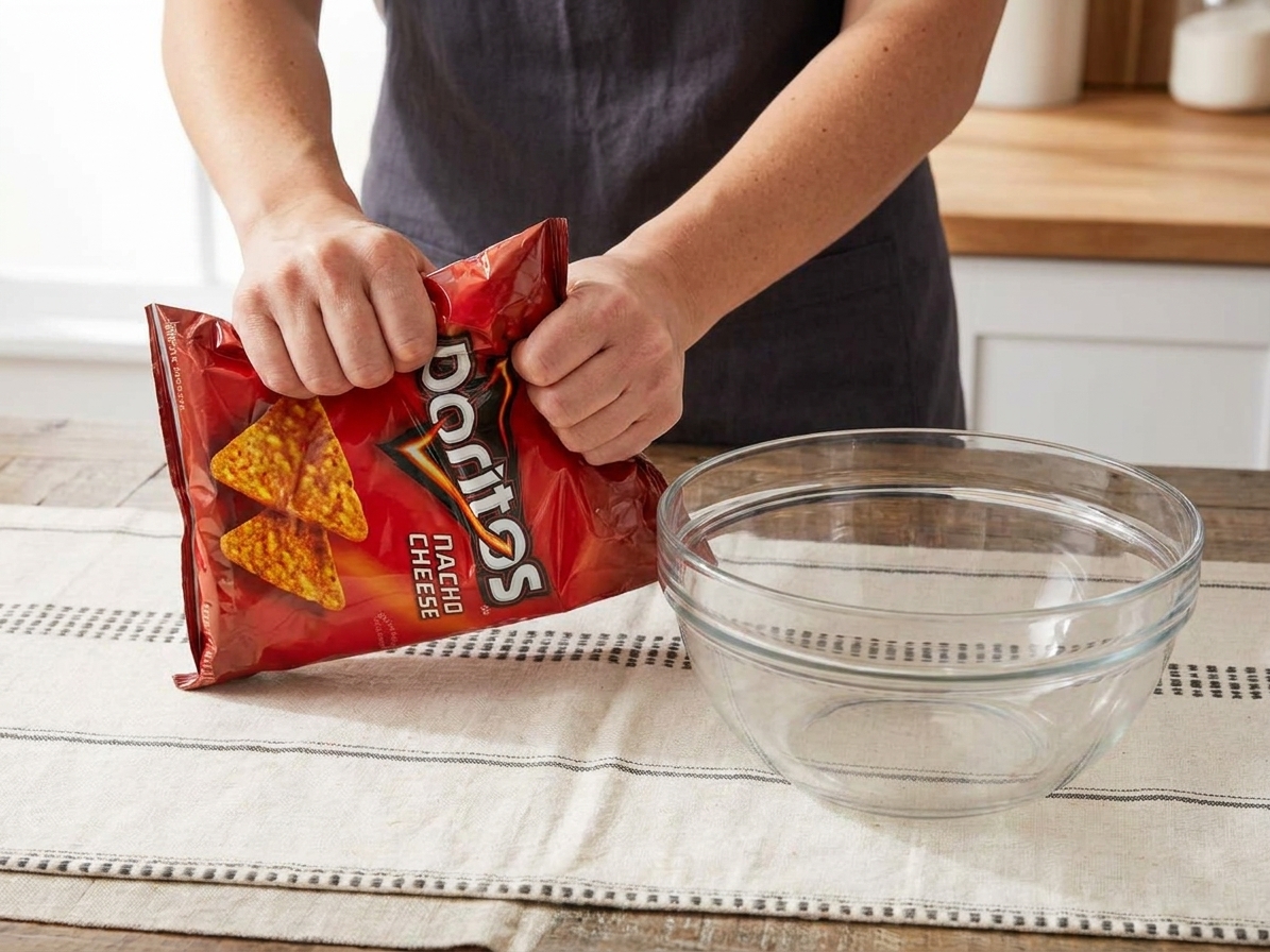 Hands crushing Nacho Cheese Doritos inside the bag over a kitchen counter, with a bowl nearby for assembling the casserole
