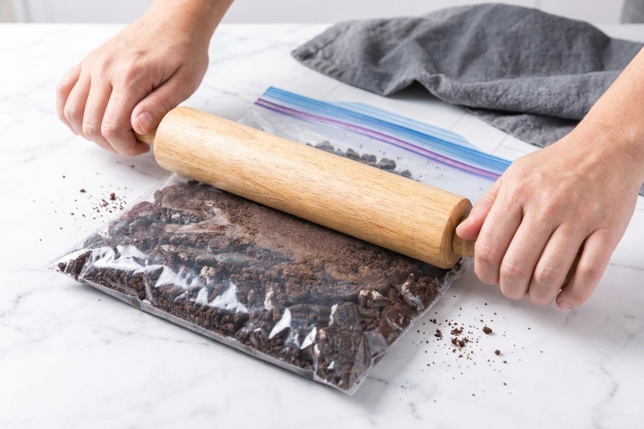 Hands crushing chocolate sandwich cookies inside a zip-top bag with a rolling pin on a kitchen counter
