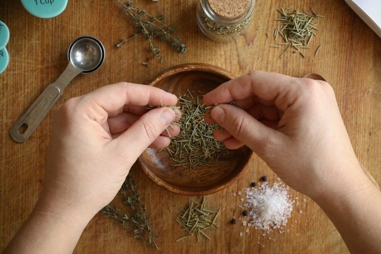 Hands crushing dried rosemary between fingertips over a small bowl