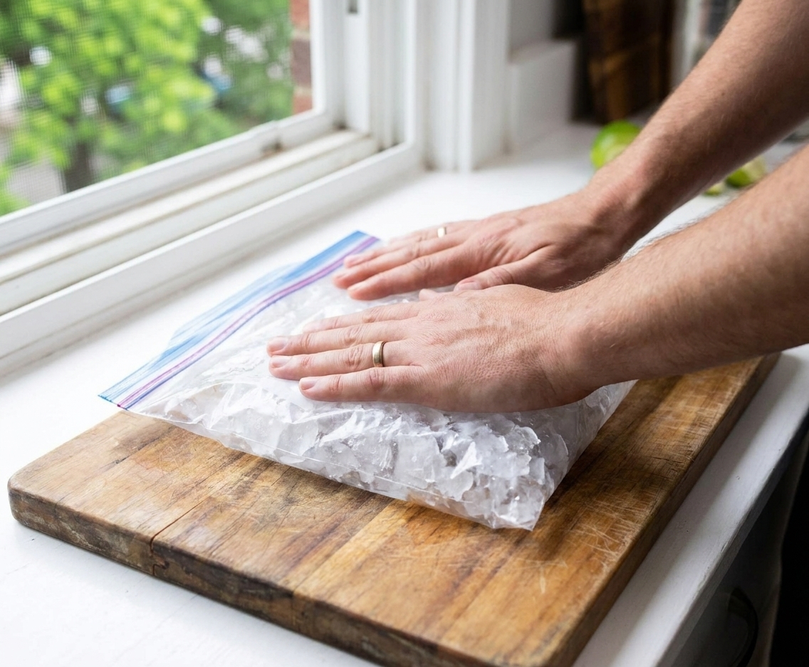 Hands crushing ice in a sealed zip-top bag on a wooden cutting board in a home kitchen