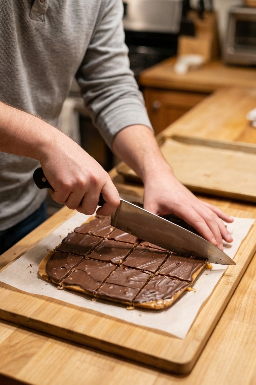 Hands cutting a cooled slab of saltine toffee Christmas crack into squares on a wooden cutting board