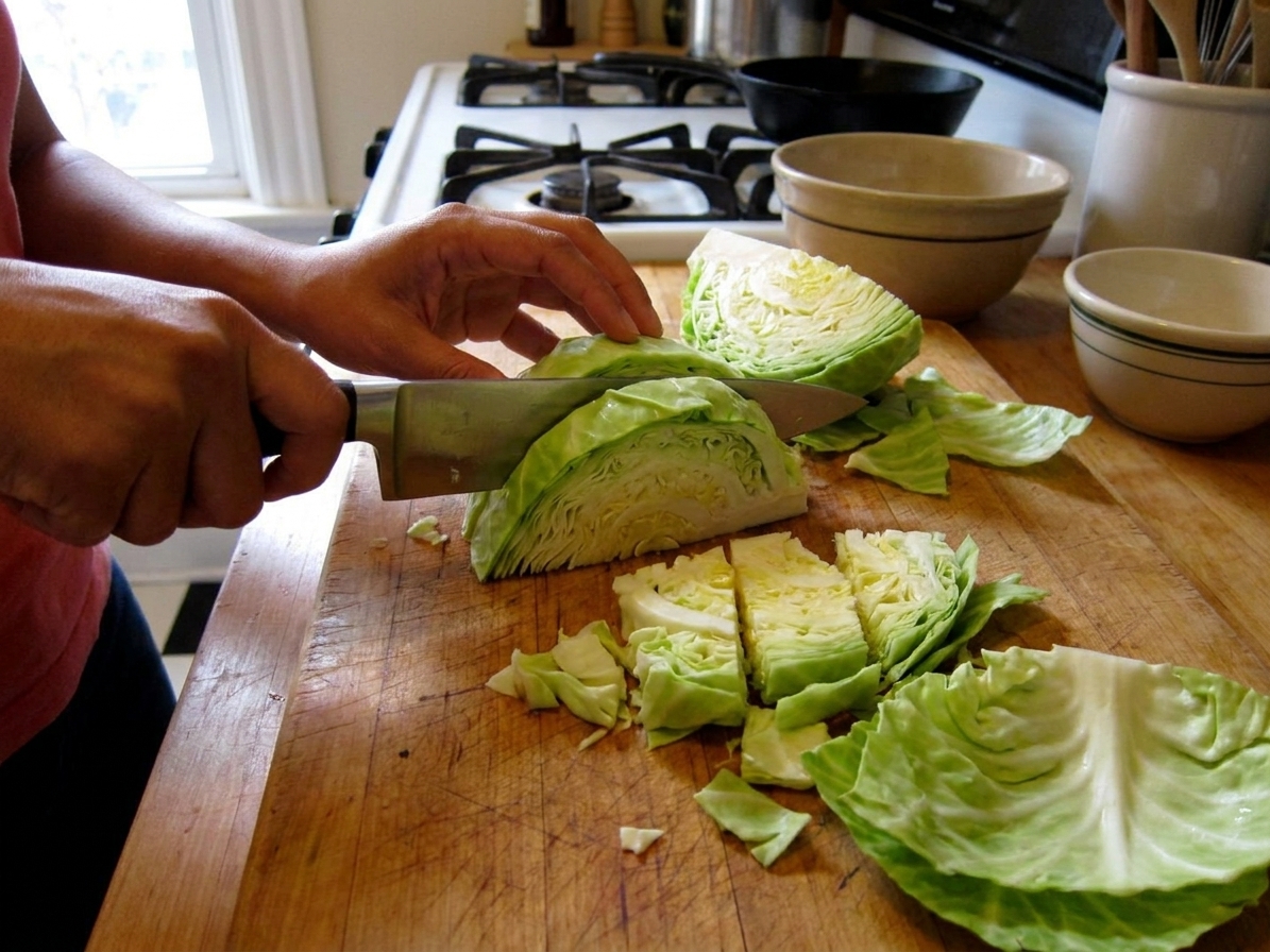 Hands cutting a green cabbage into thick wedges on a wooden cutting board in a home kitchen