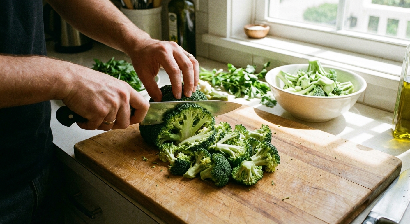 Hands cutting a head of broccoli into evenly sized florets on a cutting board