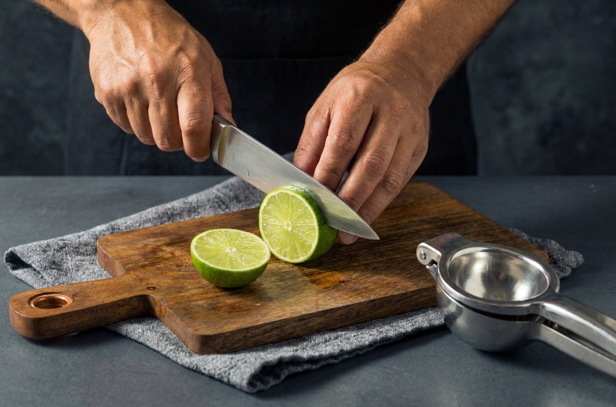 Hands cutting a lime in half on a wooden cutting board beside a handheld citrus juicer on a kitchen counter
