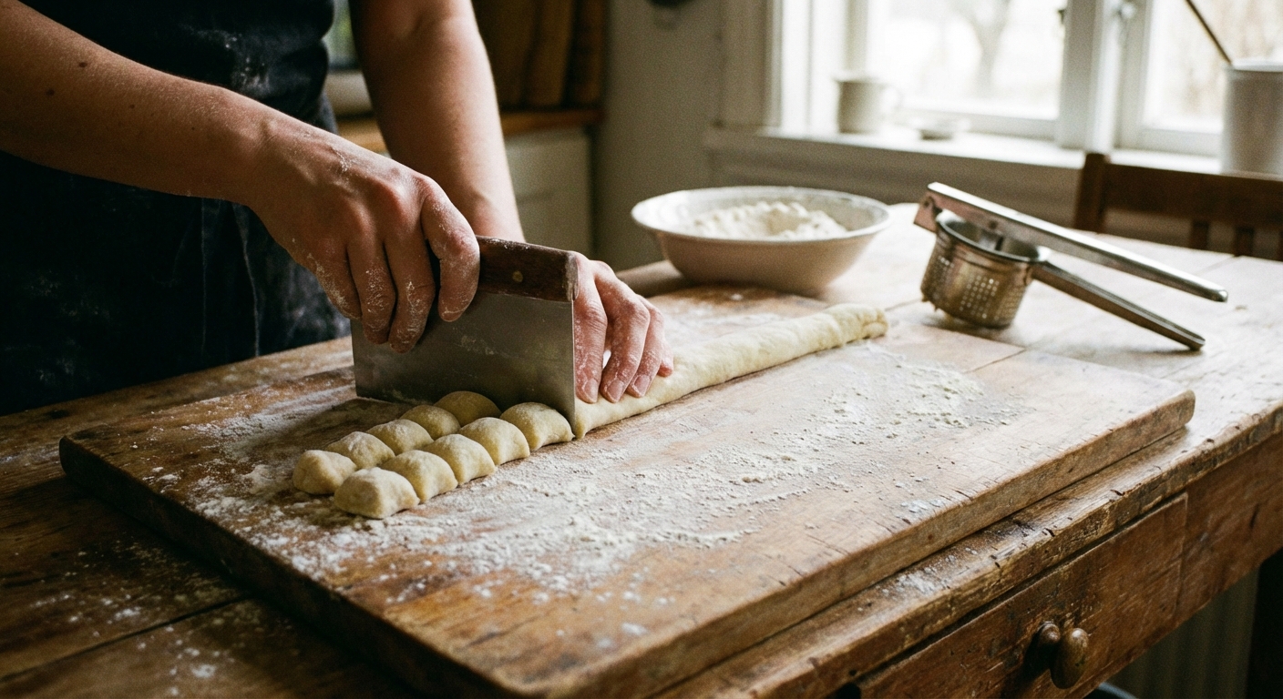 Hands cutting a rope of gnocchi dough into small pillows on a floured wooden board