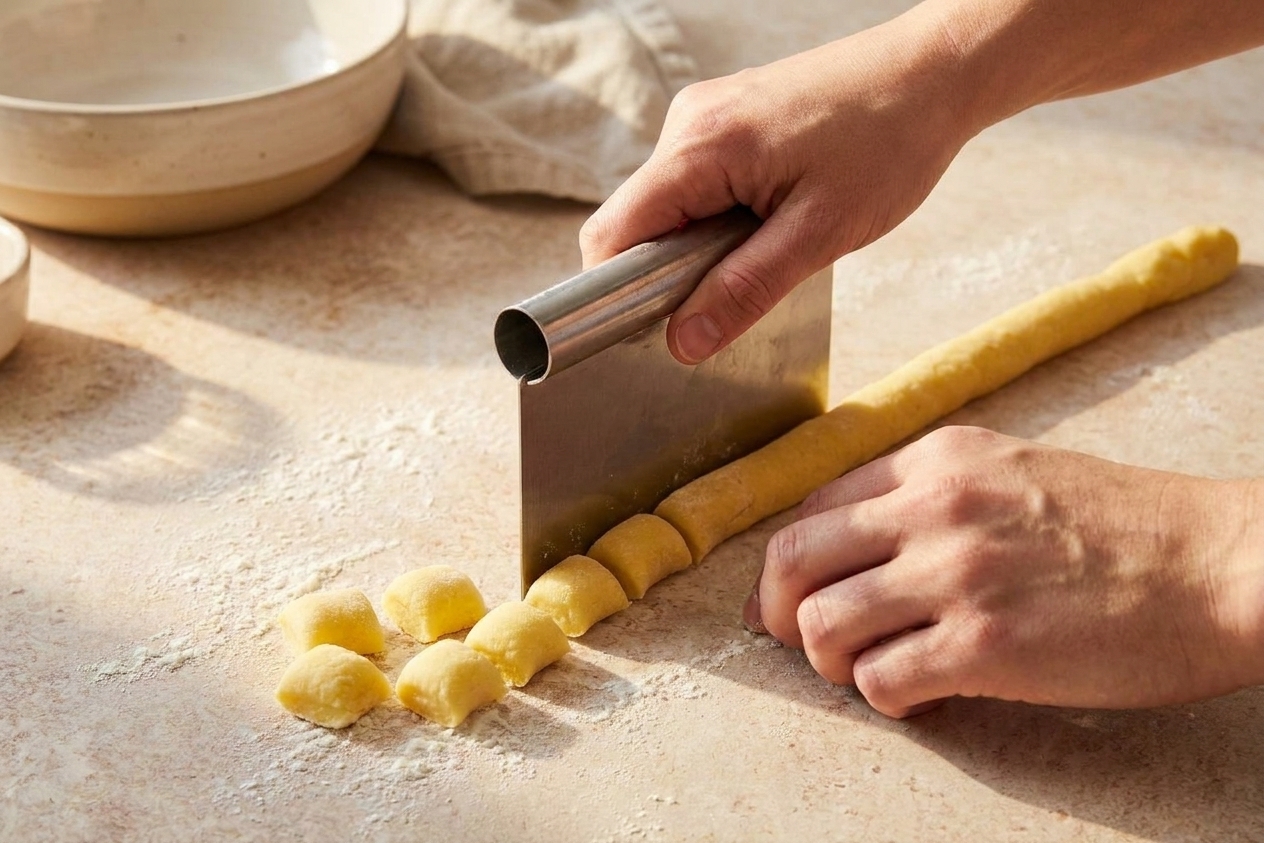 Hands cutting a rope of gnocchi dough into small pieces with a bench scraper on a floured wooden board