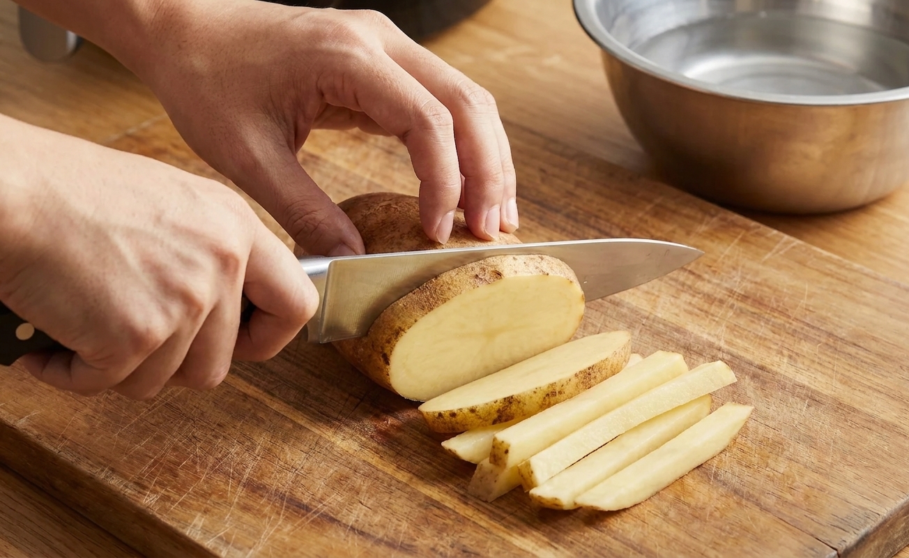 Hands cutting a scrubbed russet potato into even matchstick fries on a wooden cutting board