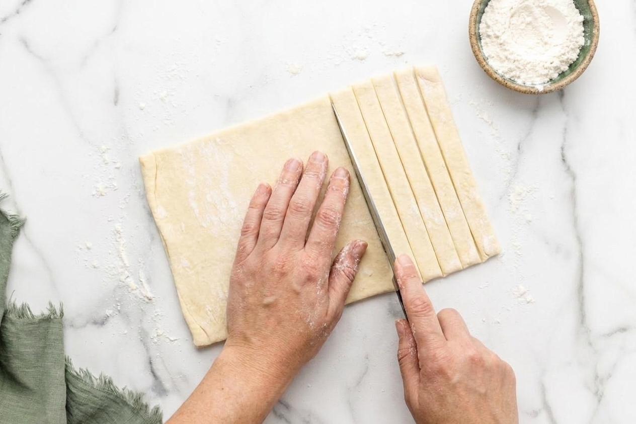 Hands cutting a sheet of puff pastry into thin strips with a knife on a lightly floured countertop