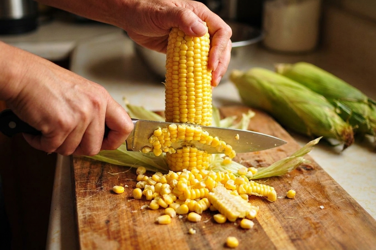 Hands cutting fresh corn kernels off a cob on a cutting board in a home kitchen