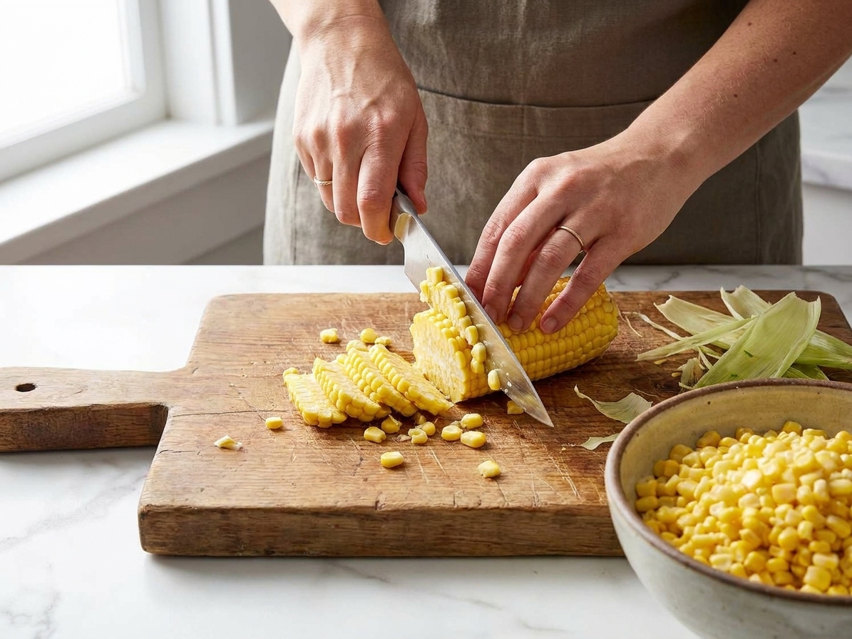 Hands cutting fresh corn kernels off a cob on a wooden cutting board in a home kitchen
