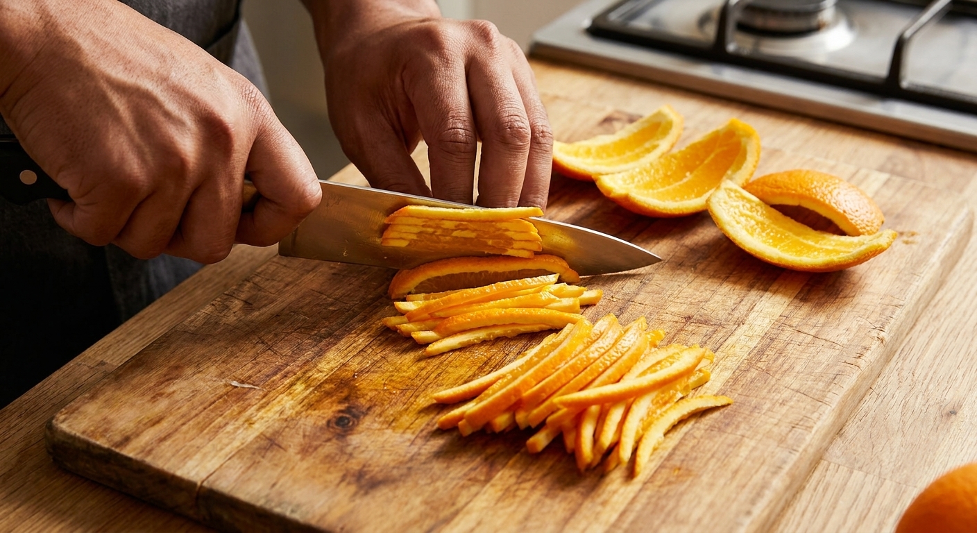 Hands cutting orange peel into thin even strips on a wooden cutting board with a chef knife
