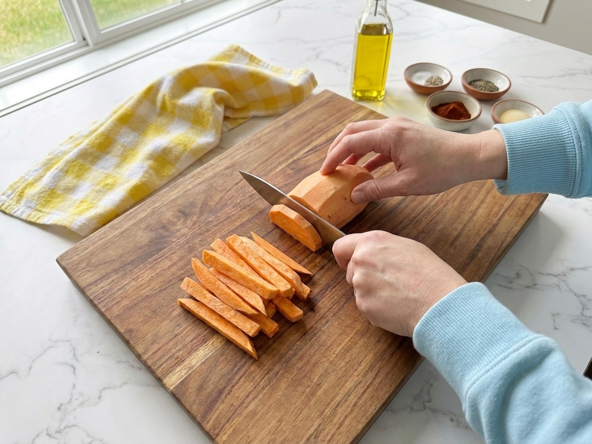 Hands cutting peeled sweet potatoes into evenly sized fries on a wooden cutting board on a bright kitchen counter