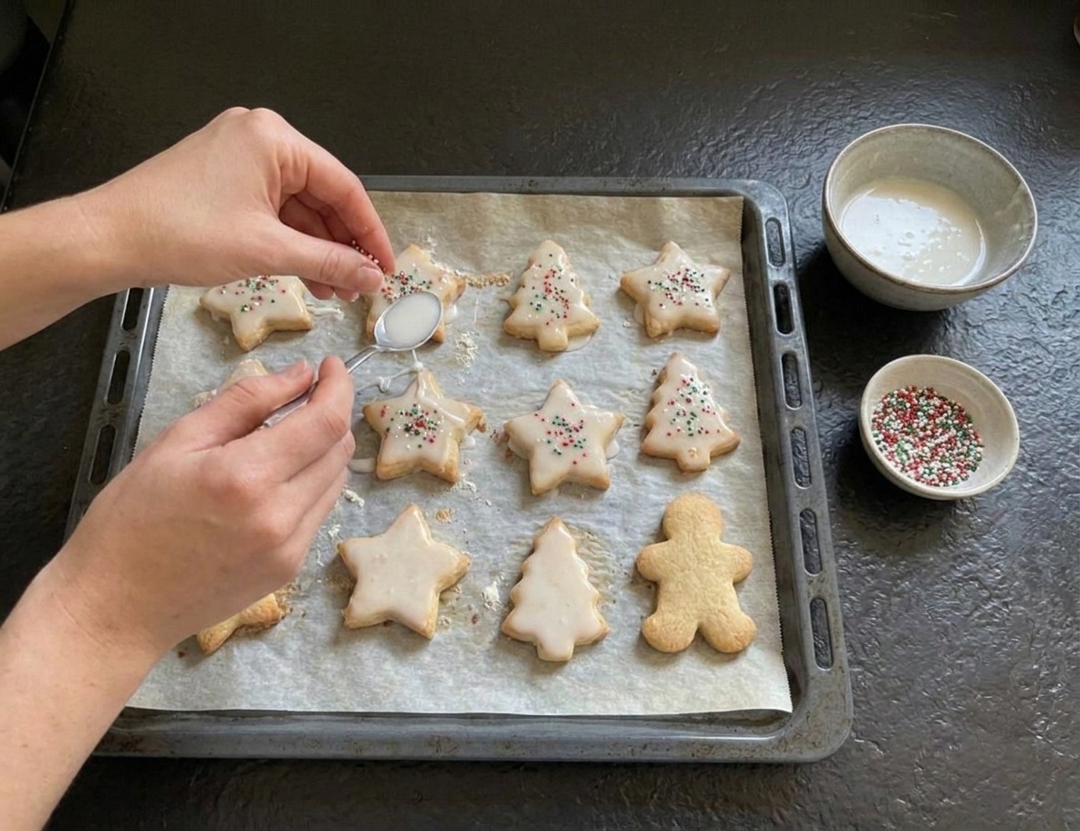 Hands decorating baked Christmas biscuit shapes with white glaze and festive sprinkles on a parchment lined baking sheet