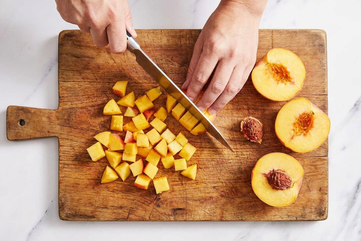 Hands dicing ripe peaches into small cubes on a wooden cutting board with a chef’s knife