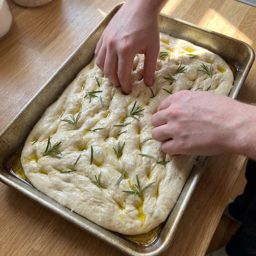 Hands dimpling focaccia dough in an oiled baking pan with rosemary scattered on top, shot from overhead in natural light