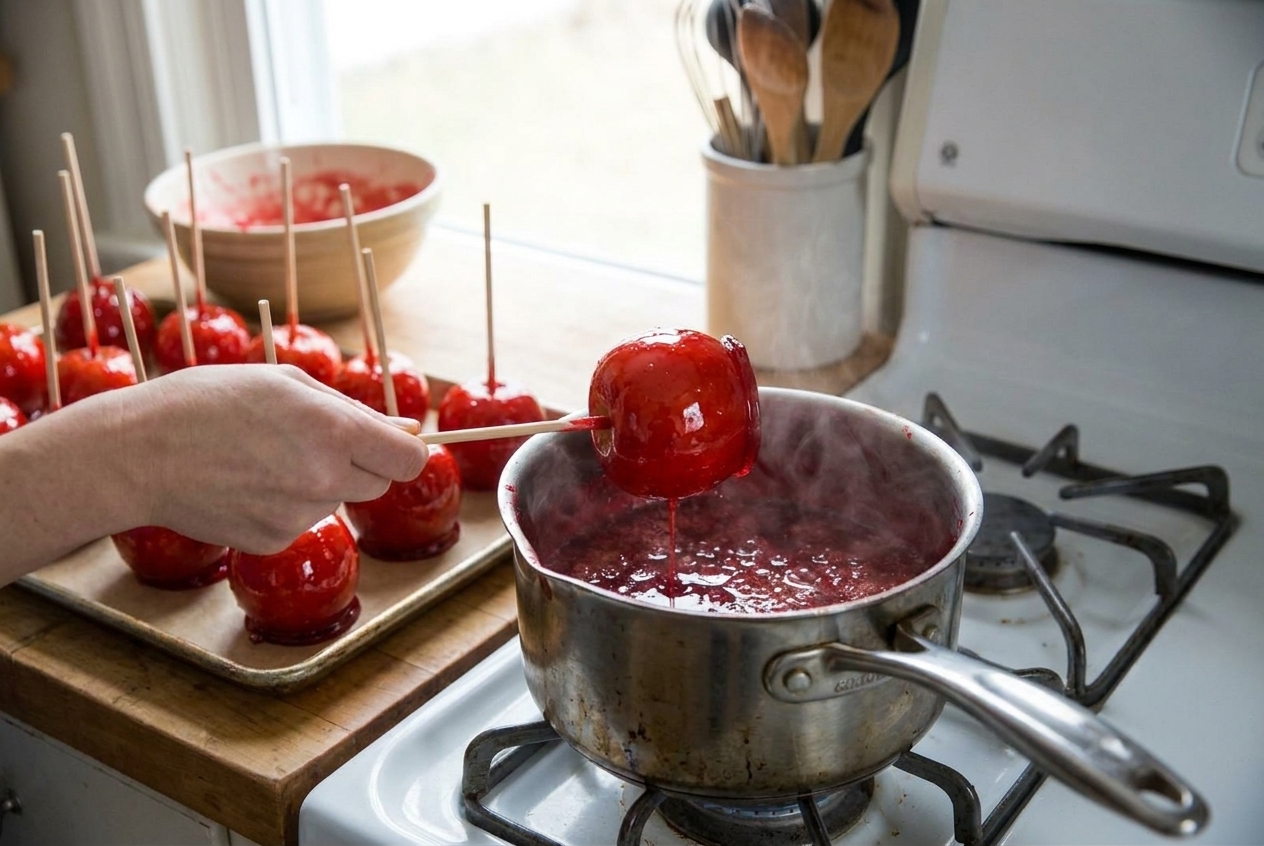 Hands dipping a chilled apple on a wooden stick into a saucepan of red candy syrup, with parchment-lined tray nearby