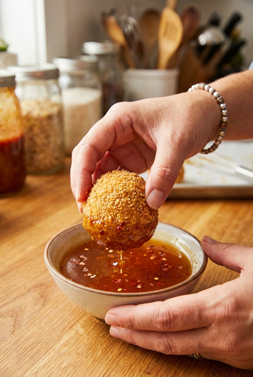 Hands dipping a crisp arancini into a glossy chili honey sauce with chili flakes visible in the bowl