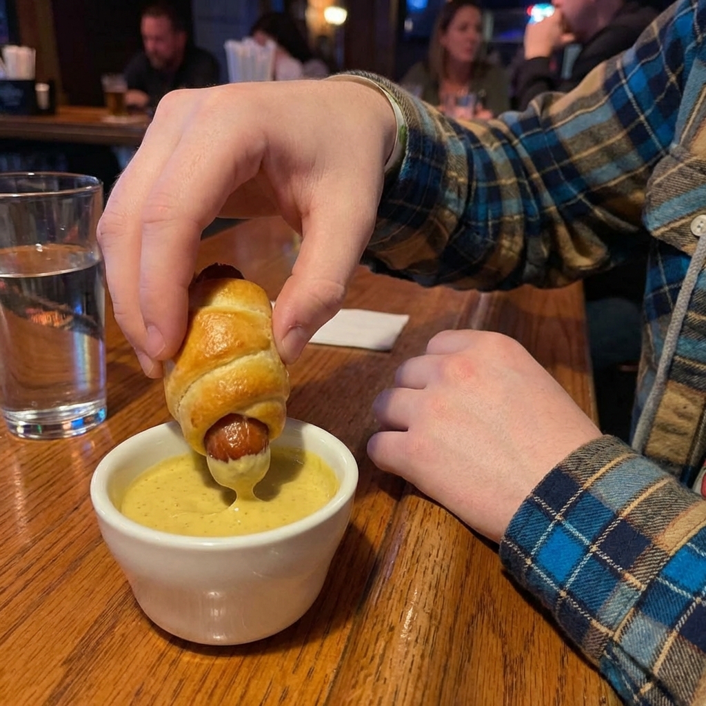 Hands dipping a freshly baked pig in a blanket into a small bowl of creamy mustard sauce