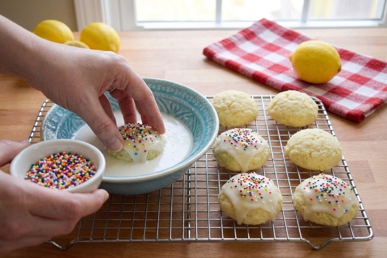 Hands dipping the tops of ricotta cookies into white glaze and adding rainbow nonpareils on a cooling rack