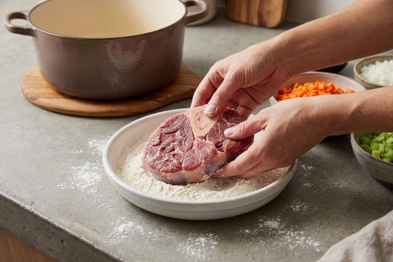 Hands dredging a cross-cut shank in a shallow dish of flour on a kitchen counter with warm lighting