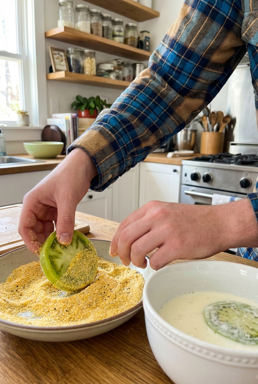 Hands dredging a green tomato slice through seasoned cornmeal breading next to a bowl of buttermilk