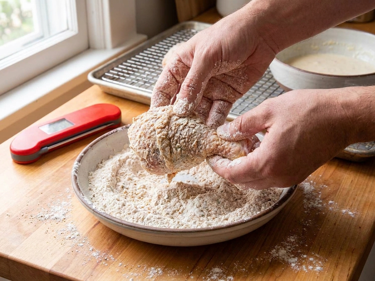Hands dredging a piece of raw chicken in a bowl of seasoned flour, creating a thick, craggy coating