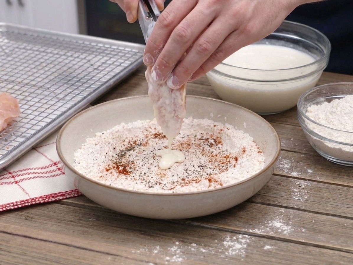 Hands dredging raw buttermilk-soaked chicken tenders in seasoned flour on a kitchen counter with a wire rack nearby