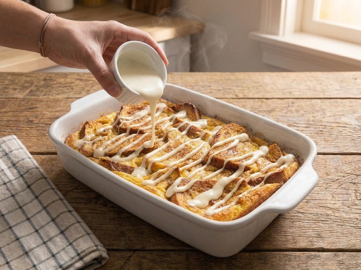 Hands drizzling cream cheese drizzle over a golden baked French toast casserole in a baking dish on a kitchen counter