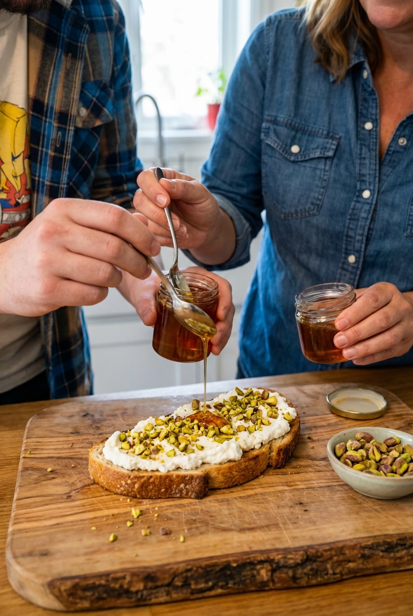 Hands drizzling hot honey over whipped ricotta toast with pistachios on top on a wooden cutting board