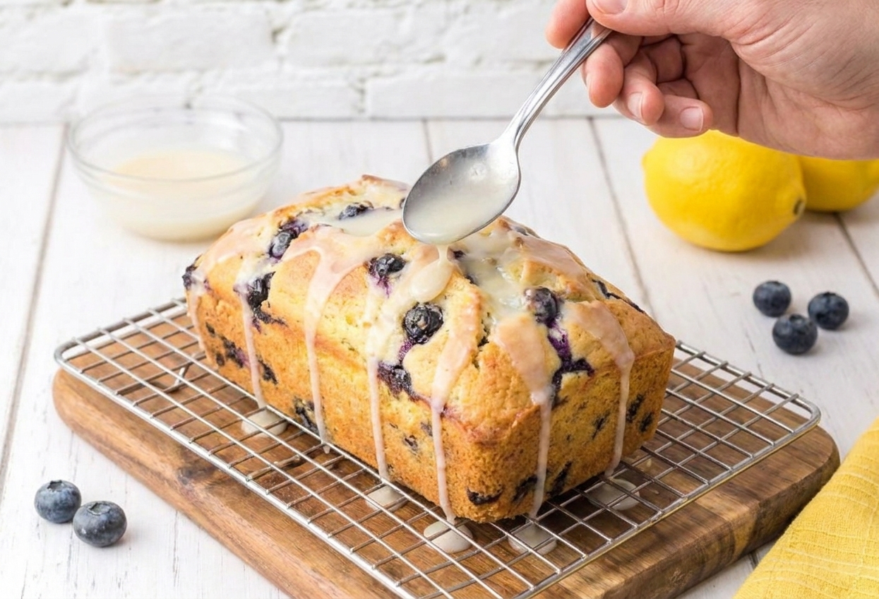 Hands drizzling lemon glaze from a spoon over a cooled blueberry loaf on a wire rack, glaze pooling slightly on top
