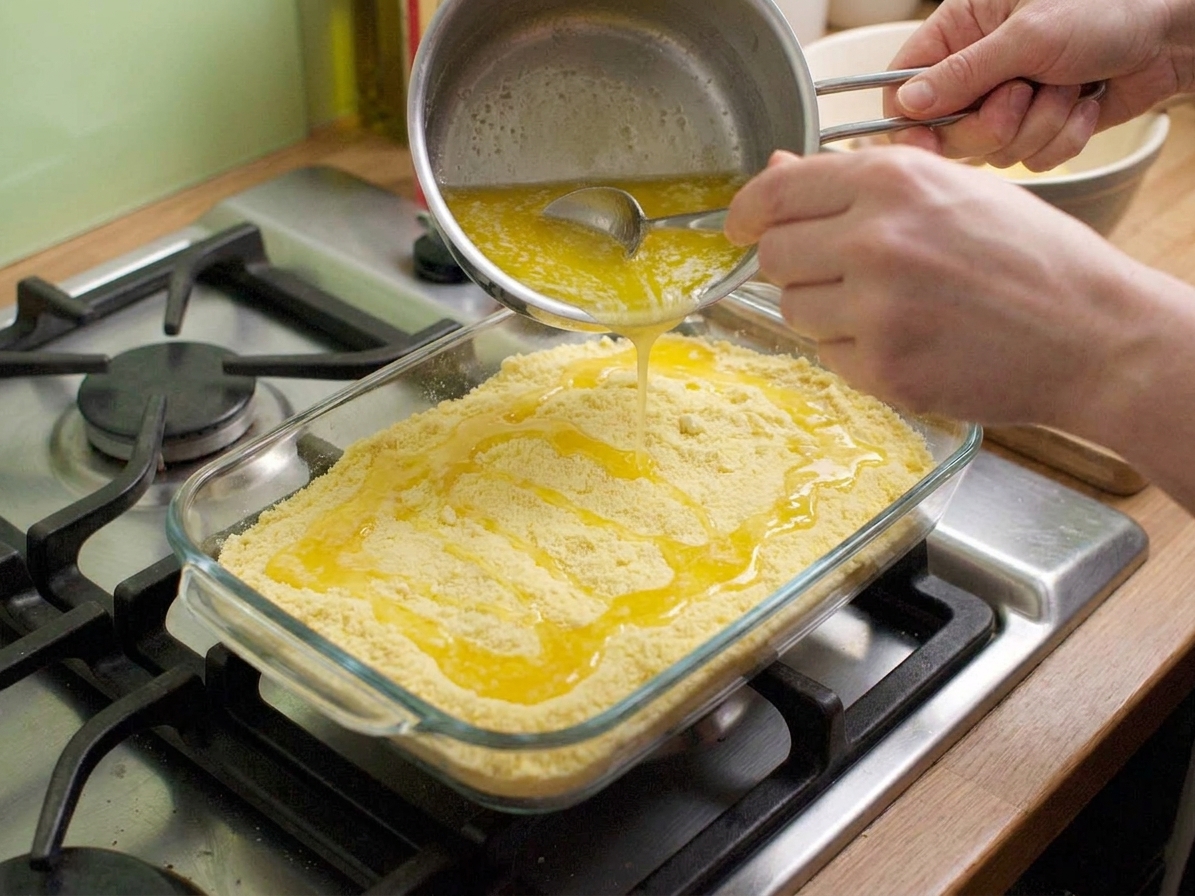 Hands drizzling melted butter over dry cake mix in a 9x13 baking dish before baking