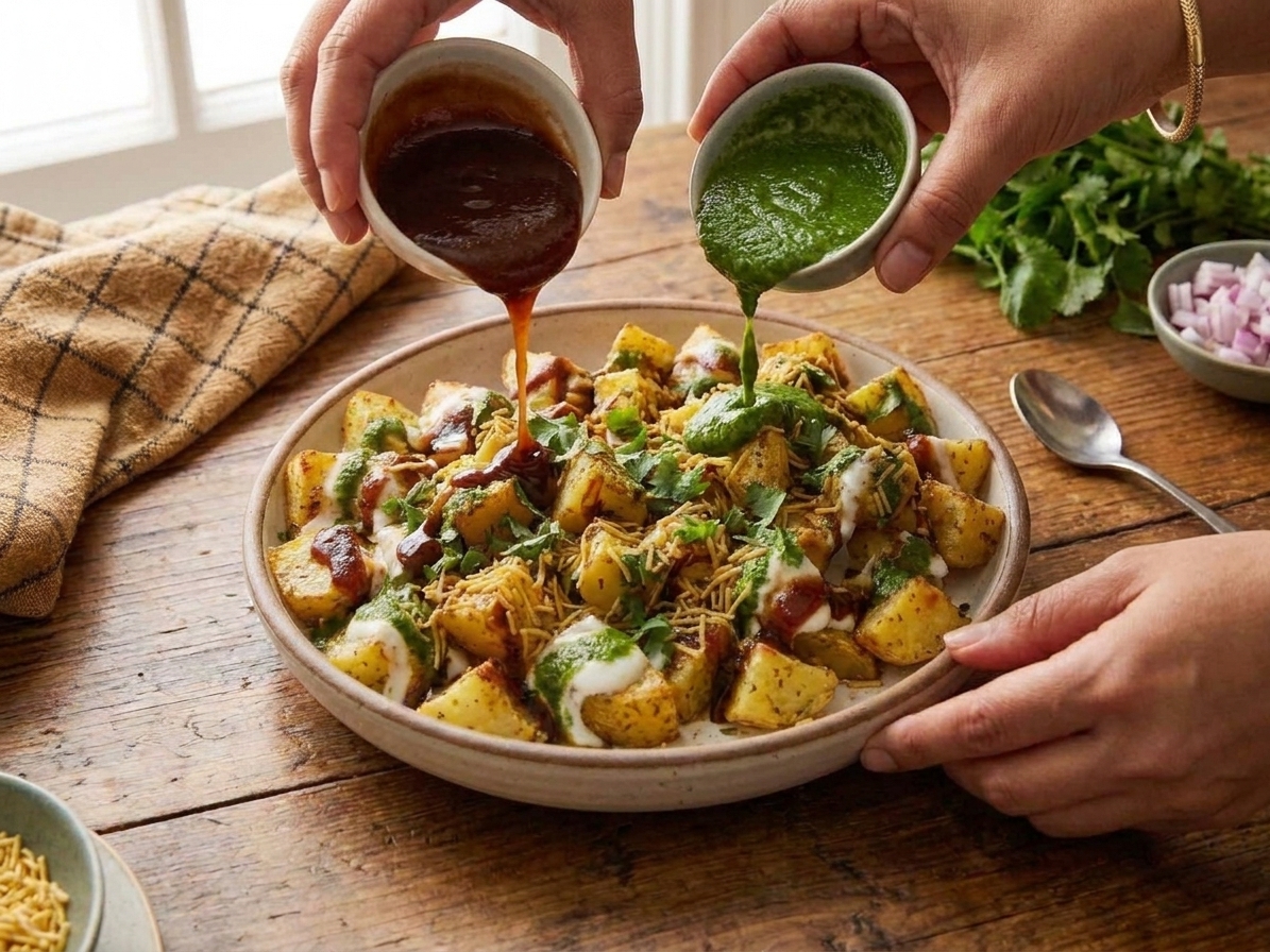 Hands drizzling tamarind chutney and mint chutney over a bowl of roasted potato cubes on a kitchen counter