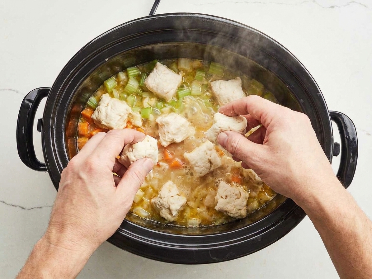 Hands dropping pieces of biscuit dough onto simmering chicken stew inside a slow cooker