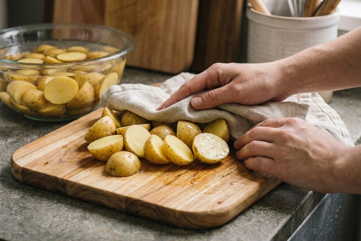 Hands drying soaked potato pieces thoroughly with a kitchen towel on a cutting board