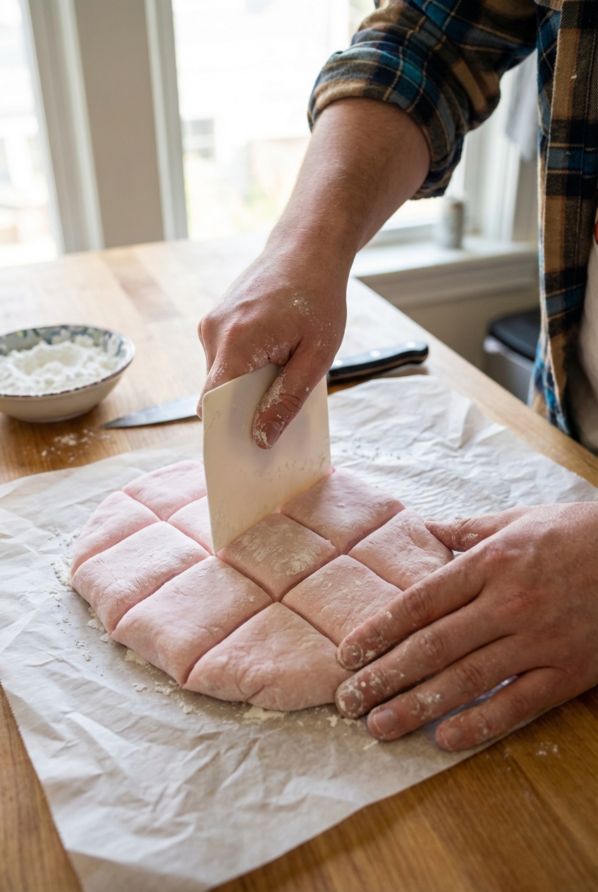 Hands dusted with starch cutting soft mochi into small squares on parchment paper
