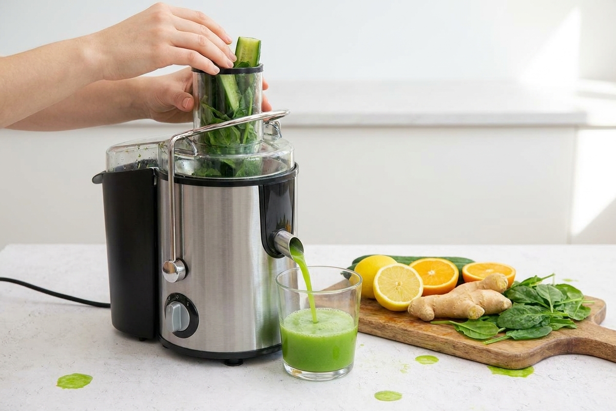 Hands feeding cucumber and spinach into a countertop juicer on a bright kitchen counter