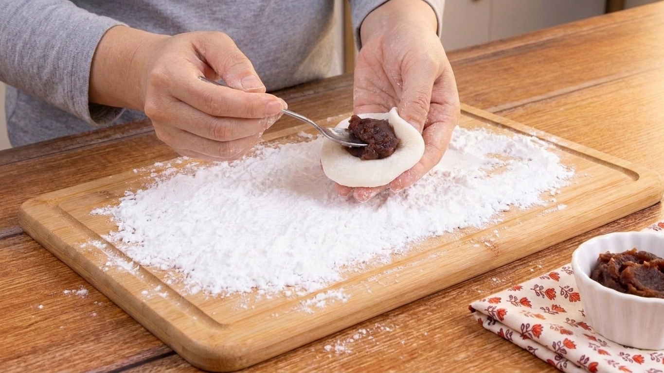 Hands filling a flattened mochi round with red bean paste and pinching the edges to seal
