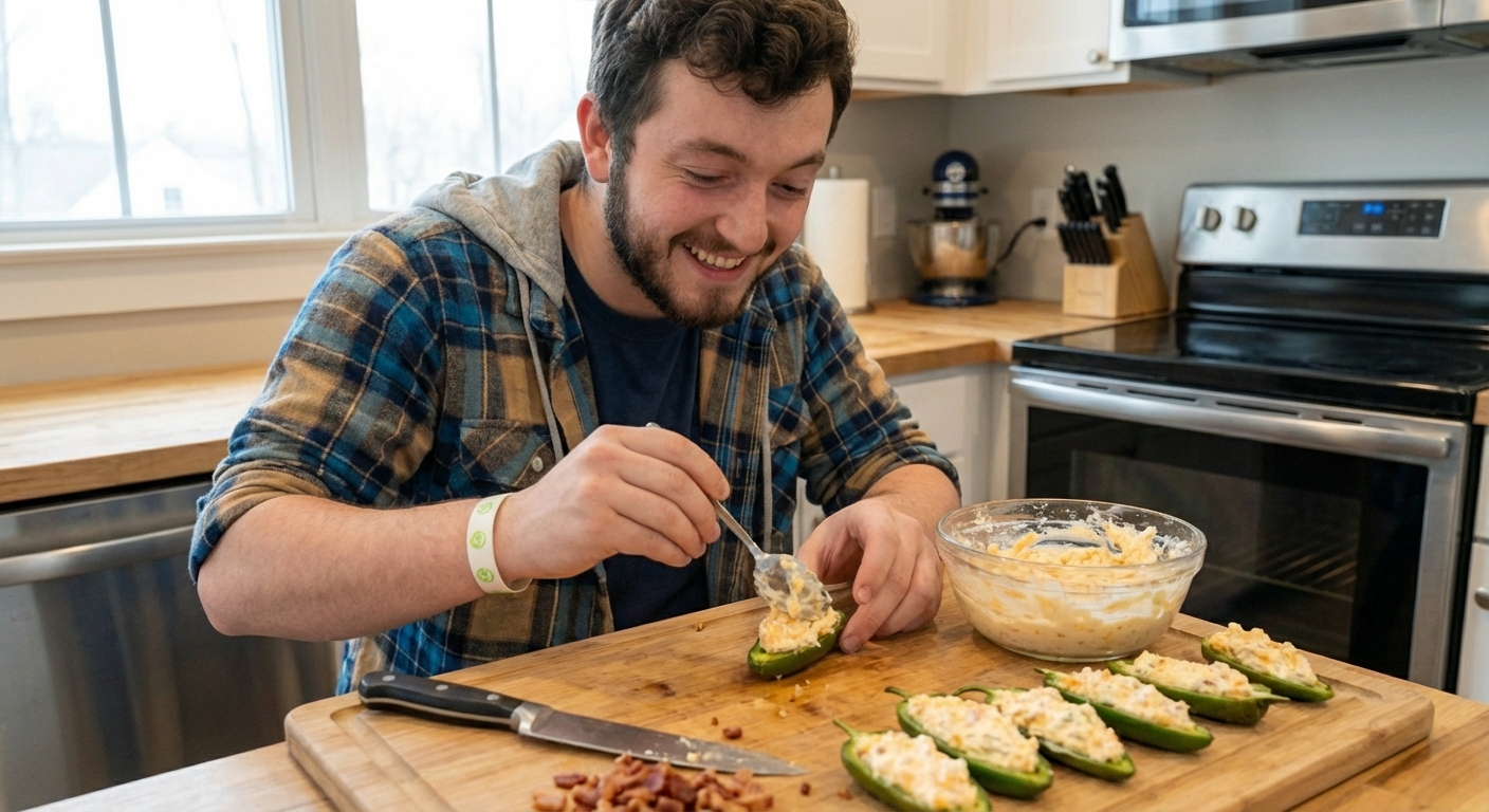 Hands filling halved jalapeños with a creamy cheese mixture on a cutting board