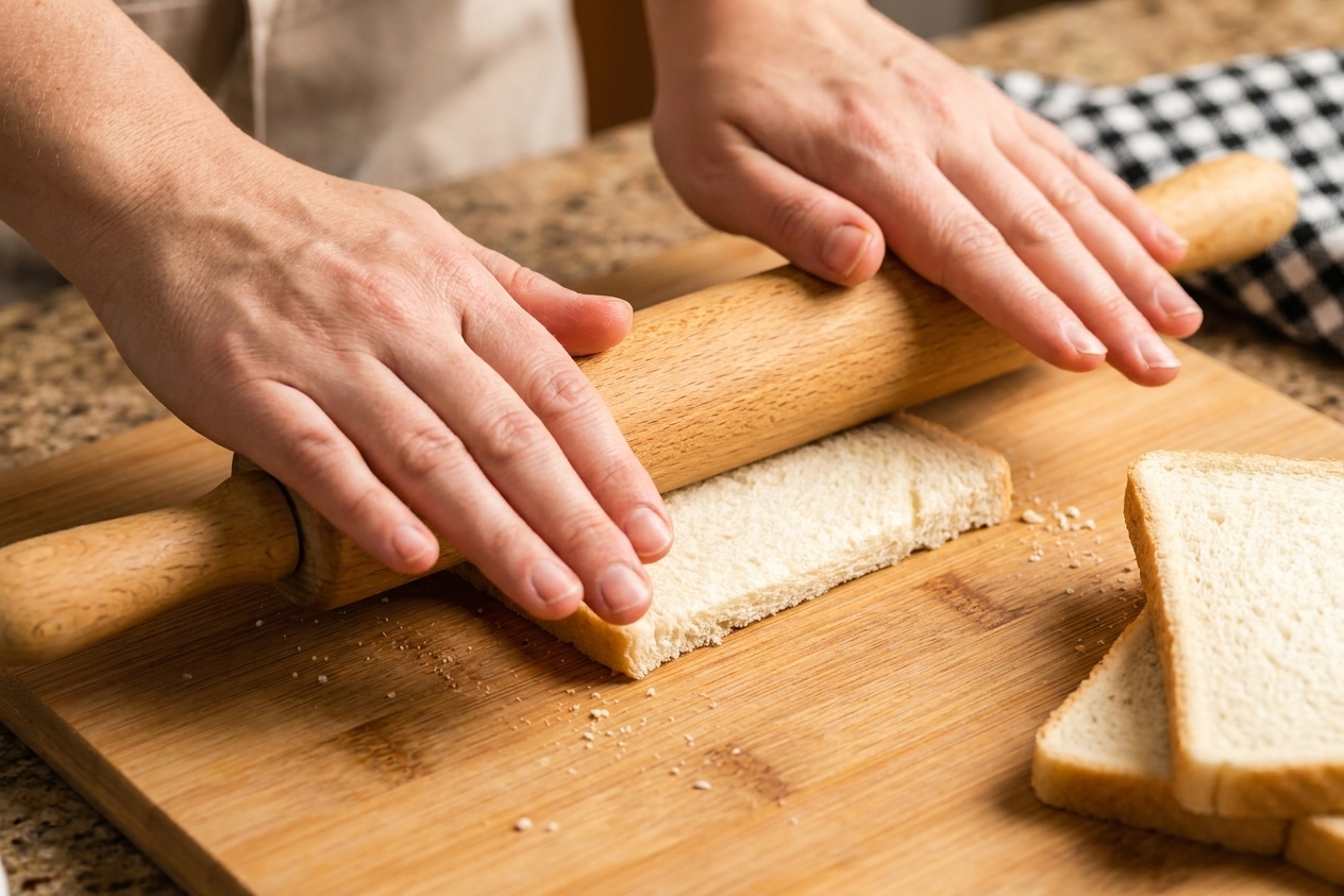 Hands flattening crustless sandwich bread with a rolling pin on a wooden cutting board in a home kitchen