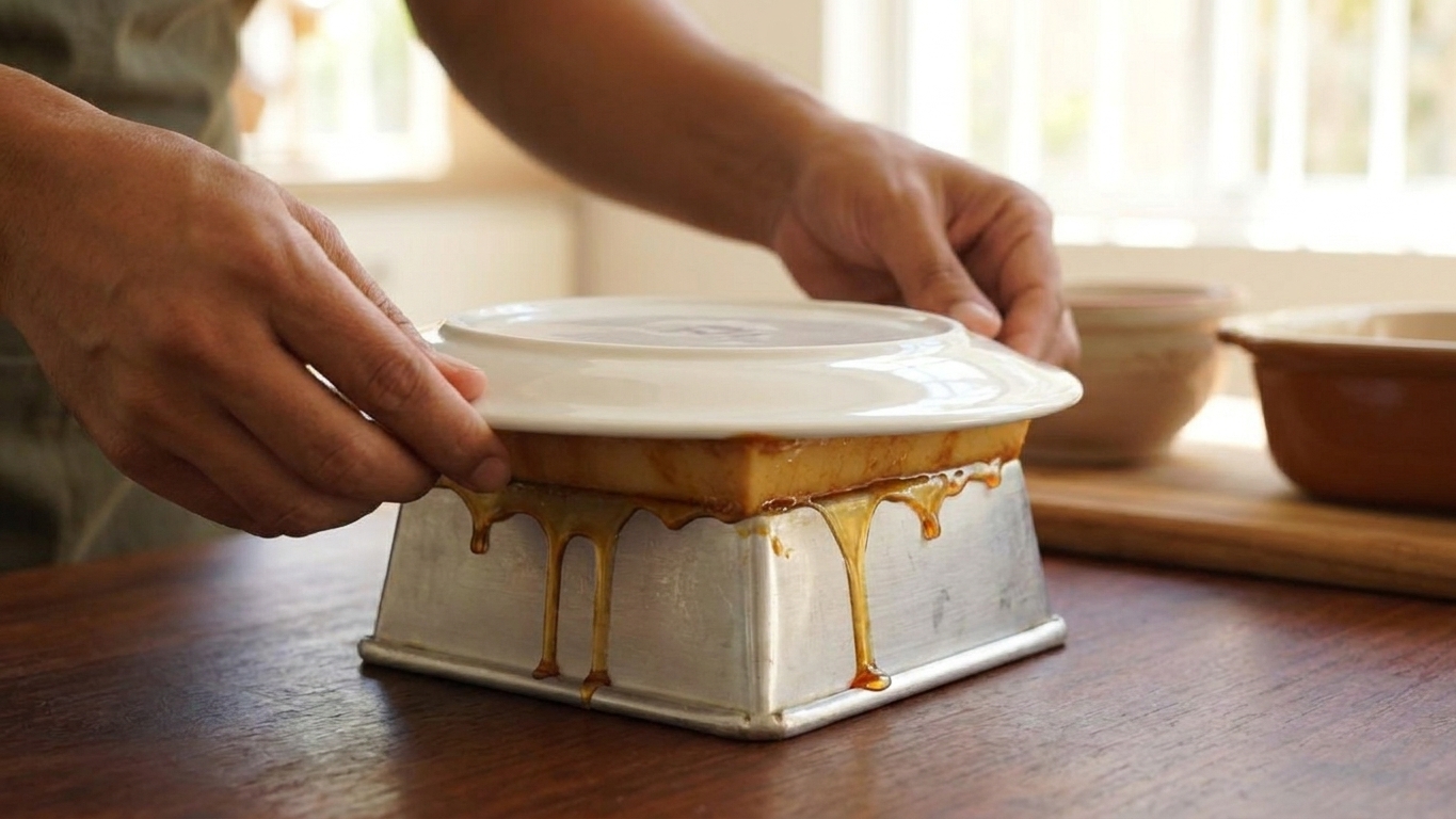 Hands flipping a flan mold onto a serving plate as caramel sauce begins to run down the sides in a bright home kitchen