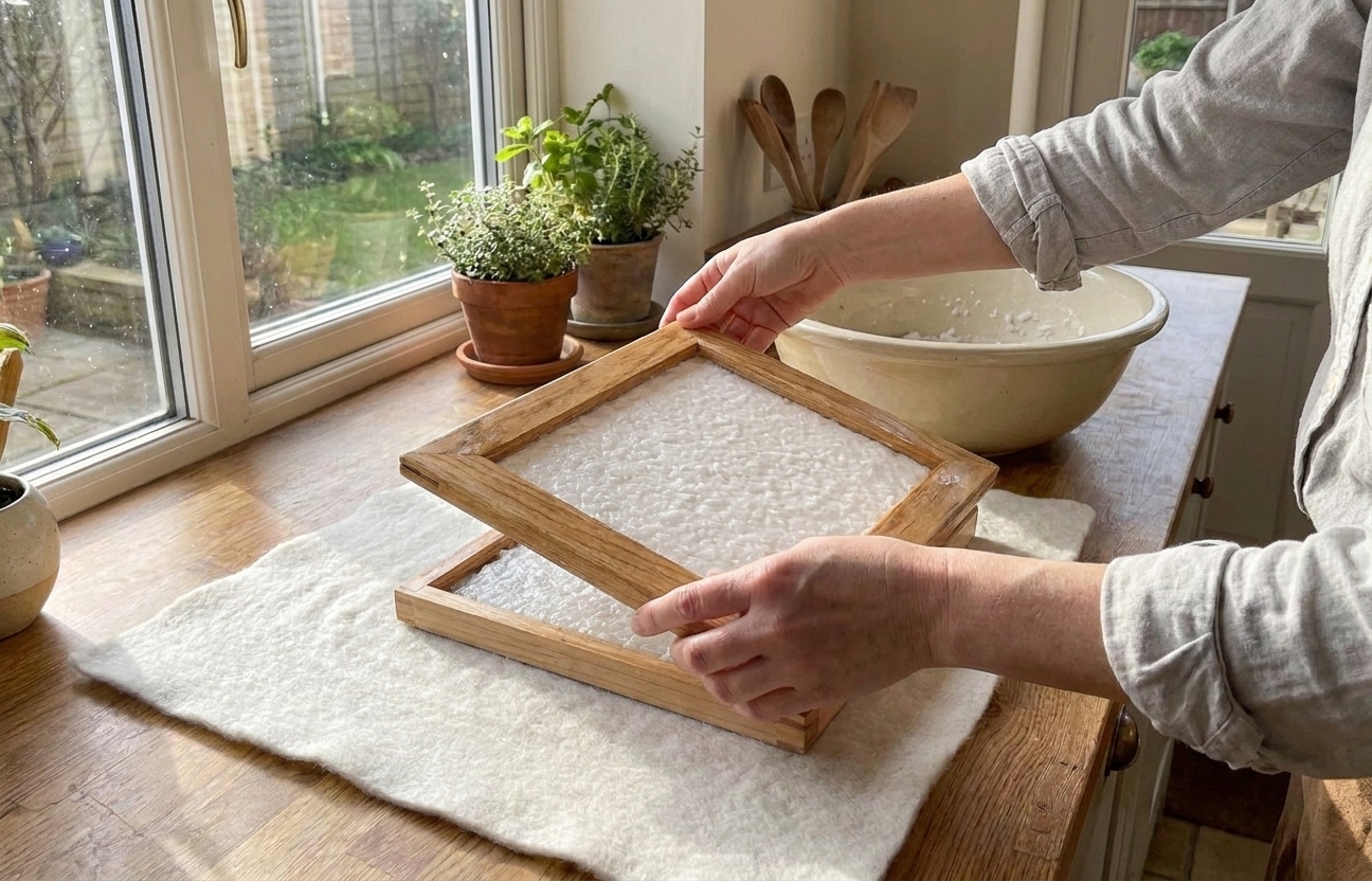 Hands flipping a freshly formed sheet of wet paper onto a white felt couching sheet on a kitchen counter