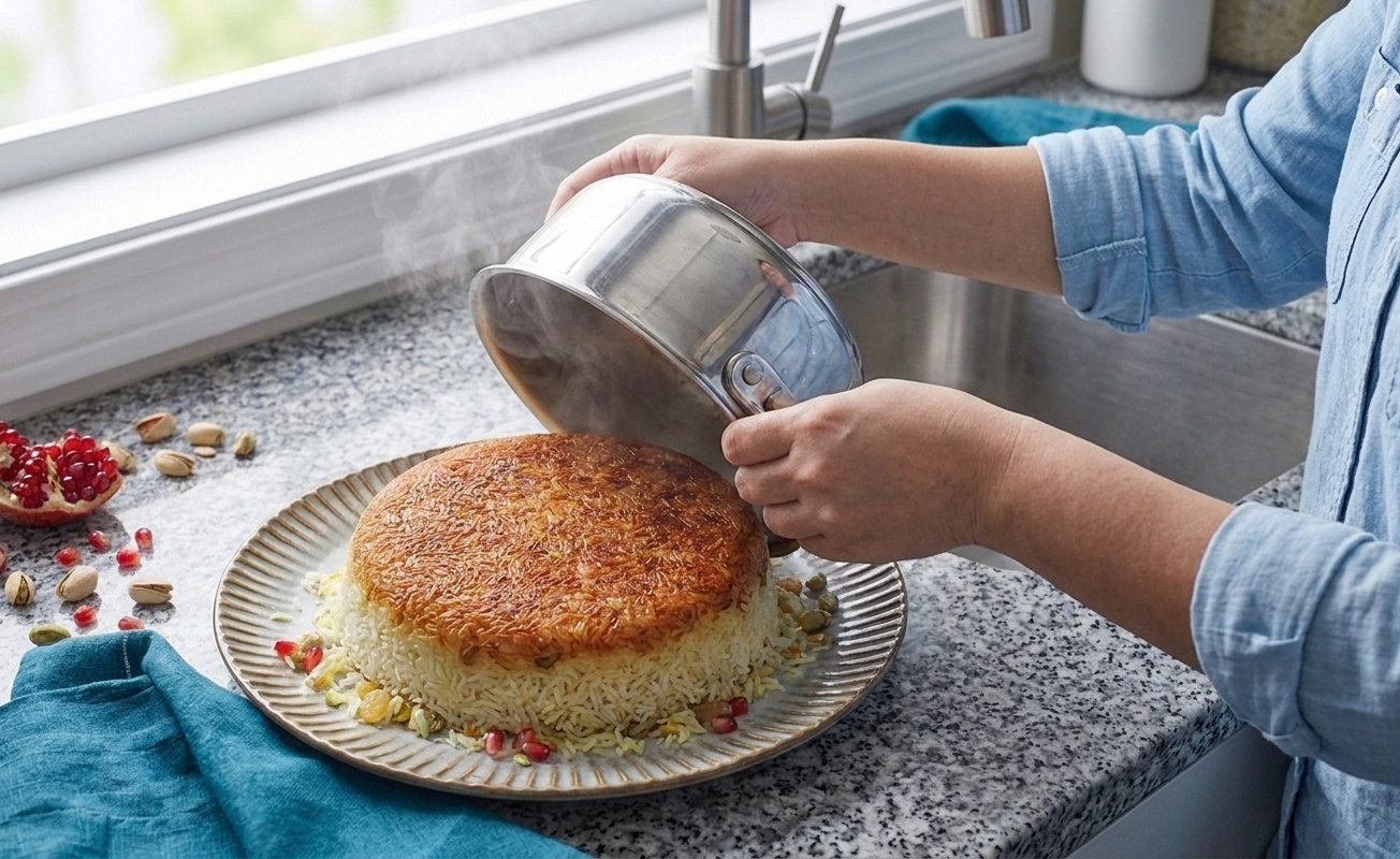 Hands flipping a pot of rice onto a serving platter to reveal a golden crispy tahdig crust