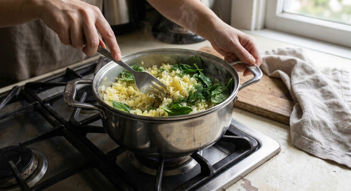 Hands fluffing lemony rice in a pot with a fork as fresh dill and spinach are being folded in
