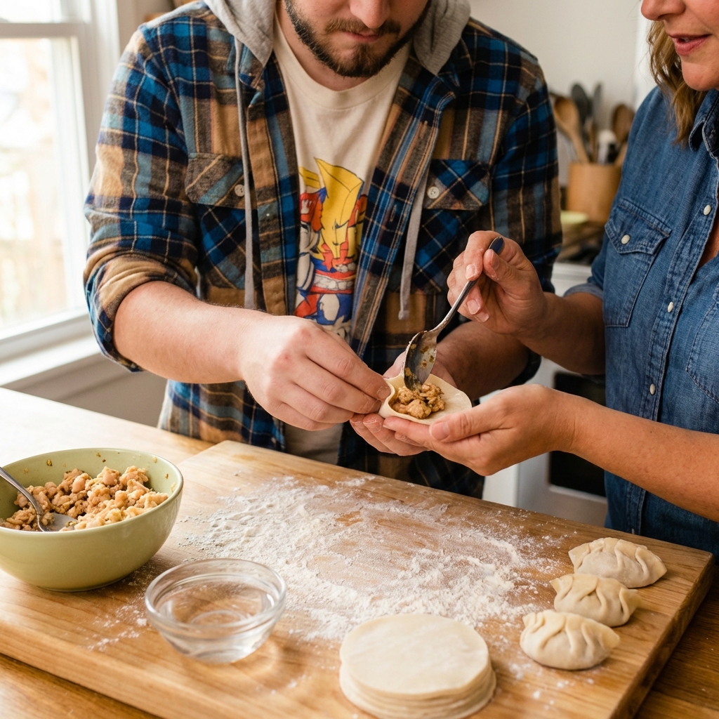 Hands folding a chicken dumpling with a spoonful of filling on a round dumpling wrapper on a floured cutting board