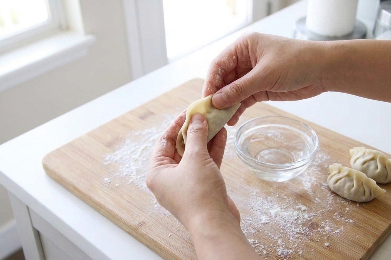 Hands folding a dumpling wrapper with pleats on a lightly floured cutting board, a small bowl of water nearby for sealing